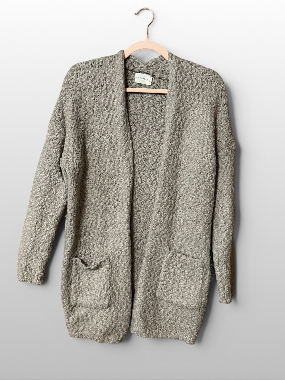 Dreamers Womens Medium Boucle Cardigan Cozy Open Front Chunky Knit Taupe Pocket